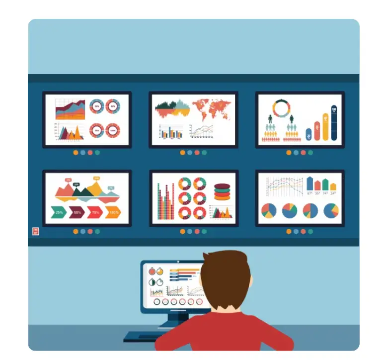Analyst monitoring multiple dashboards and data screens, key to successful PPC Management Service.