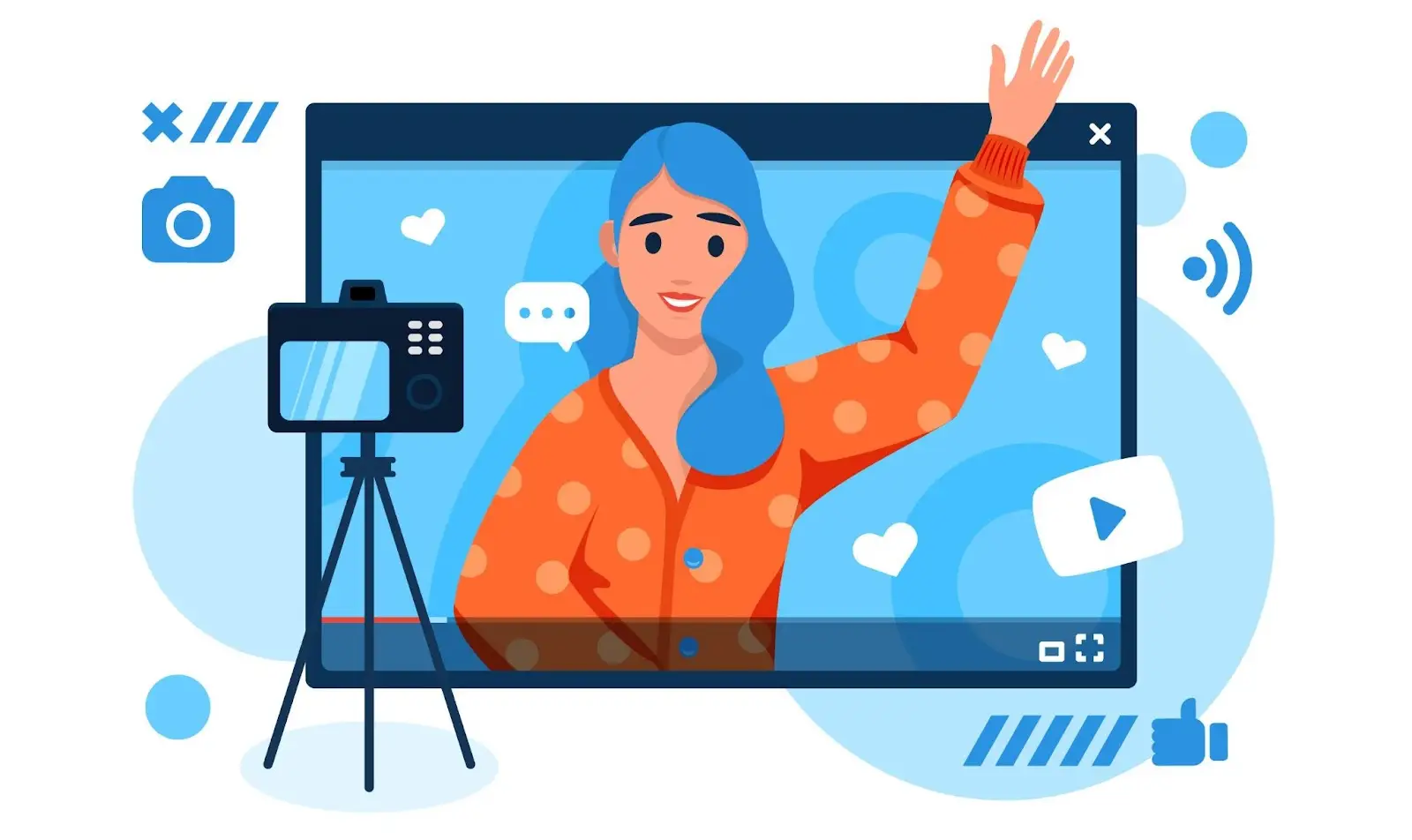A content creator waves at a camera while recording a video, surrounded by social media icons like hearts, thumbs-up, and play buttons.
